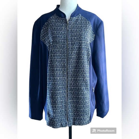 TanJay zip up sweater/jacket  size 18, blue/white with silver specs, 2 pockets - Picture 11 of 14